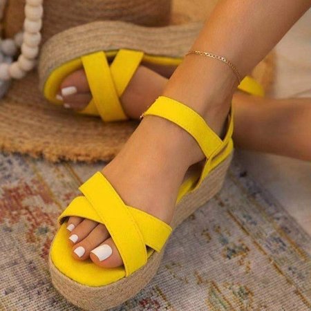 Hemp Rope Platform Holiday Sandals, Yellow, Sandals
