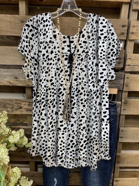 Casual Printed Short Sleeve Shirts & Tops, Black dot, Tops