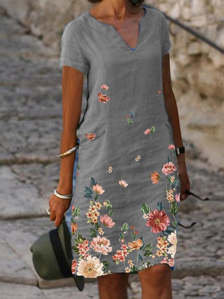 Stampato Floreale Maniche Corte Abito, Grigio, Casual Dresses