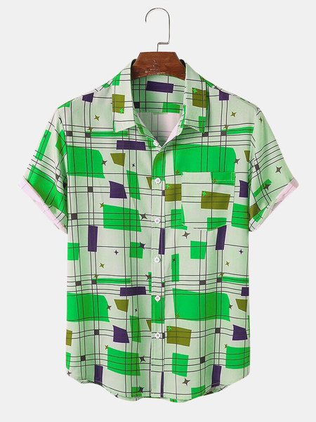 Mens Geo & Line Print Chest Pocket Holiday Short Sleeve Shirts, Green, Men's Floral shirt