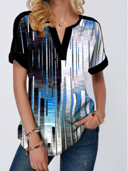 Short Sleeve Casual V Neck Shirts & Tops, Multicolor, Blouses & Shirts