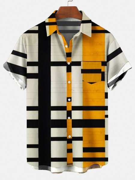Uomo Colletto a Camicia Astratto Stampato Camicie & Top, Giallo, Men's Top