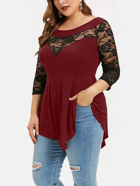 Solid Lace 3/4 Sleeve Tops, Wine red, Tops