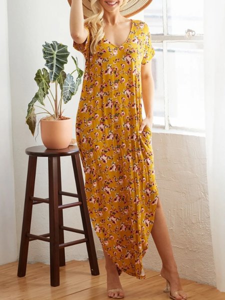 Holiday Floral V Neck Shift Dress, Yellow, Maxi Dresses
