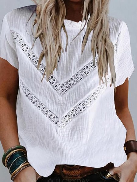 Casual Cotton-Blend Crew Neck T-shirt, White, Tops