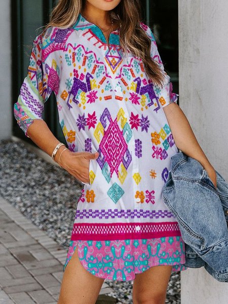 Casual Cotton-Blend Dresses, White, Floral Dress