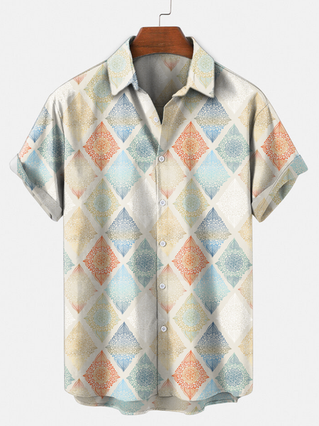 Casual Geometric Shirts, Yellow, Men's Floral shirt