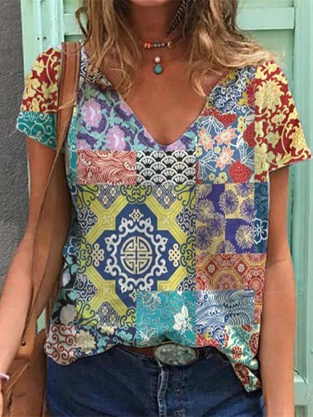 Patchwork Print Cotton-Blend Casual Short Sleeve V Neck T-Shirts, As picture, T-Shirts
