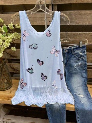 Butterfly Casual Sleeveless Shift Shirts & Tops, White, Tank Top