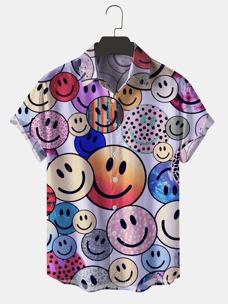 Mens Smile Faces Printed Holiday Lapel Shirts, As picture, Short Sleeves Shirts