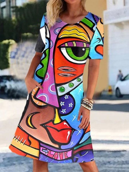 

Printed Abstract Short Sleeve Casual Weaving Dress, Multicolor, Casual Dresses