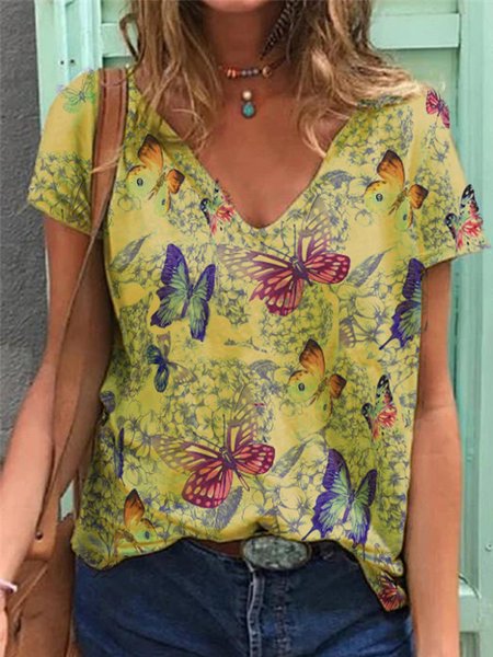 Vintage Butterflies Printed Short Sleeve V Neck Plus Size Casual Tops, Yellow, Blouses & Shirts
Vintage Butterflies Printed Short Sleeve V Neck Plus Size Casual Tops, Yellow, Blouses & Shirts