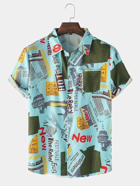 Shirt Collar Printed Casual Shirts & Tops, As picture, Short Sleeves Shirts