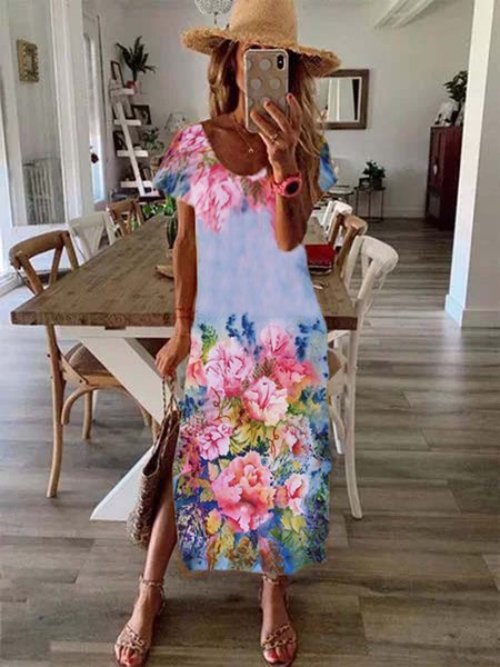 Short Sleeve Shift Cotton-Blend Knitting Dress, As picture, Floral Dresses