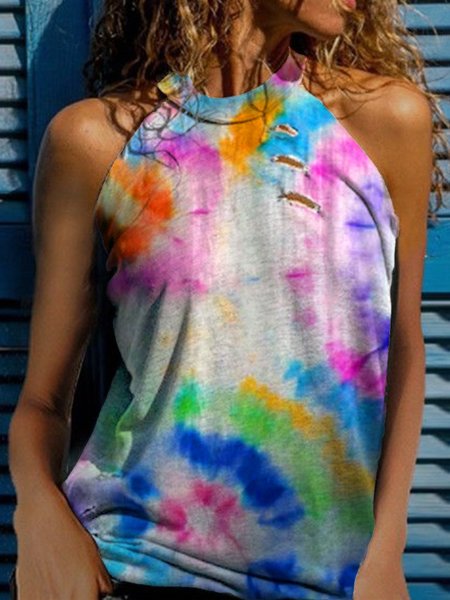 Casual Sleeveless Halter Tie-Dye T-shirt, Multicolor, Tanks & Camis