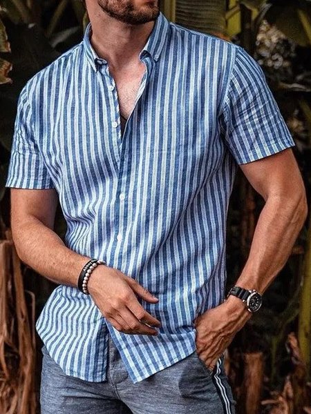Men Stripe Shirt Casual Blue and White Short Sleeve Summer Top, Shirts