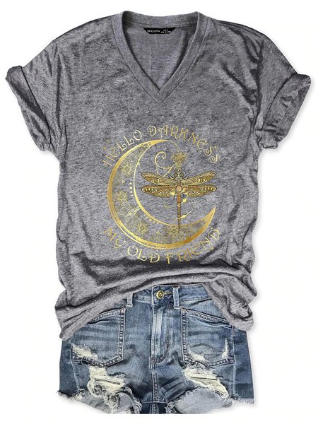 Hello Darkness My Old Friend V-neck Graphic Tee, Gray, T-shirts