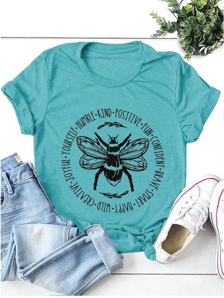 Bee Something Short Sleeve Crew Neck Women Tee, Turquoise, T-shirts