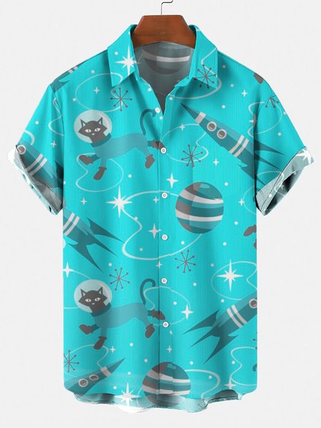 Men's 50's New Style fun UFO Cat Short Sleeve Casual Loose Shirt, Blue, Men's Floral shirt