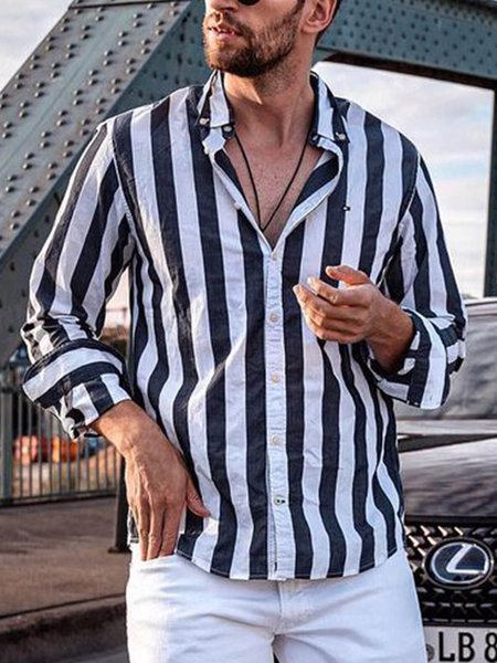 Shirt Collar Cotton-Blend Casual Shirts & Tops, Dark blue, Long Sleeves Shirts