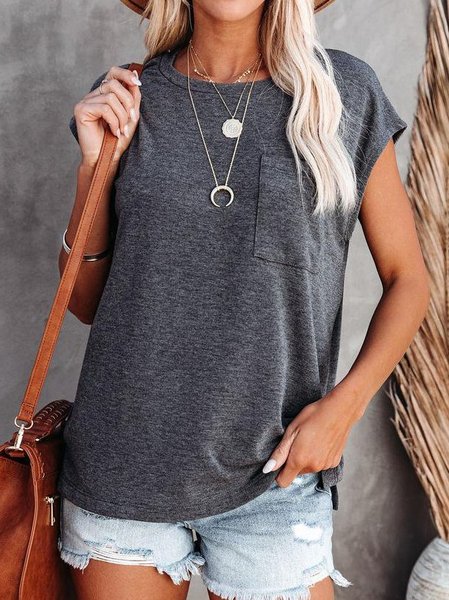 Casual Shift Short Sleeve Plain Shirts & Tops, Gray, Blouses & Shirts