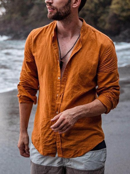 Solid Casual Shirt Collar Shirts, Orange, Men's basic shirt