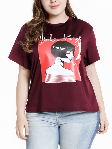 Short Sleeve Casual T-shirt, Wine red, Tops