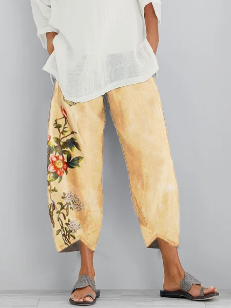Floral Casual Pants, Khaki, Pants