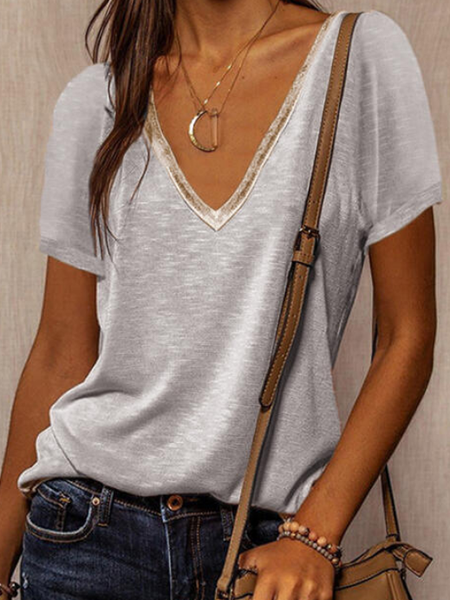 

Short Sleeve Plain Shift V Neck T-shirt, Gray, Tees & T-shirts