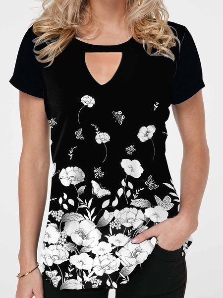 Floral Casual Shift Short Sleeve T-shirt, Black, Tees & T-shirts