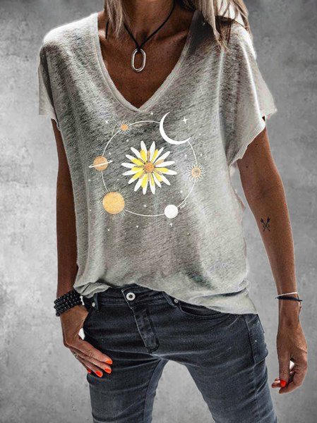 V Neck Shift Casual Shirts & Tops, Gray, Printed T-shirts