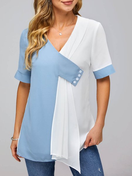 V Neck Plain Short Sleeve Tops, Blue, T-Shirts