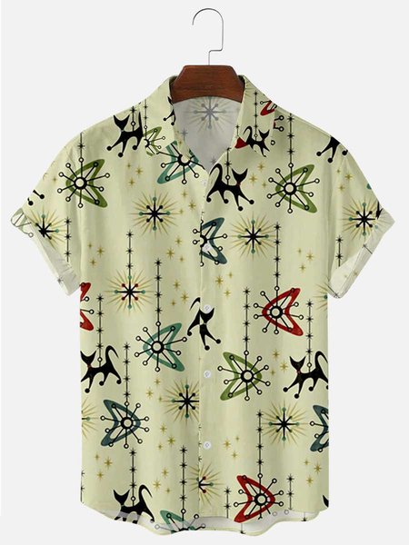 Men's 50's New Style Short Sleeve Casual Loose Shirt, Yellow, Shirts