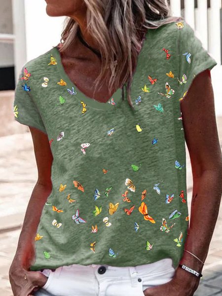 Short Sleeve Butterfly Basic Polyester Cotton Shirts & Tops, Green, T-shirts