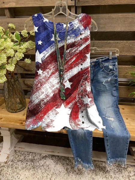 A sleeveless shirt with an American flag print, As picture, Tank Tops & Camis