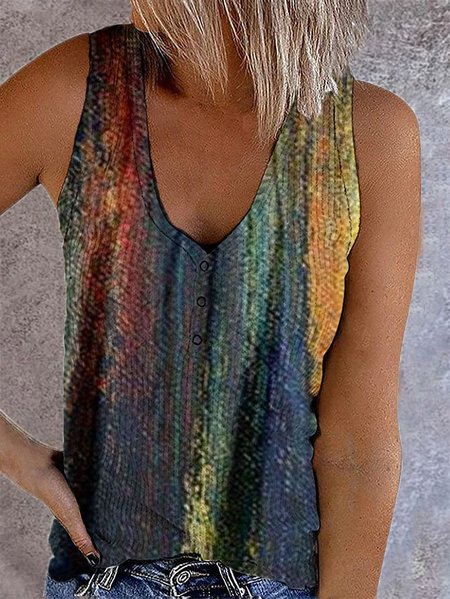 Casual V Neck Stripes Tops, Multicolor, Tanks & Camis
