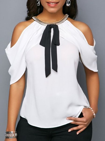 Short Sleeve Holiday Crew Neck Resort Holiday Blouse, White, Blouses and Shirts