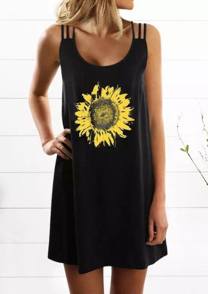 Casual Floral Crew Neck Dresses, Black, Dresses