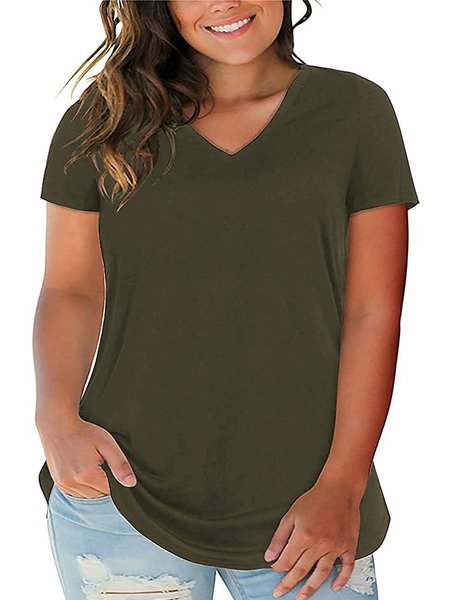 Women's Plus Size Plain Tops V Neck T-Shirts Short Sleeve Casual Tees, Green, T-Shirts