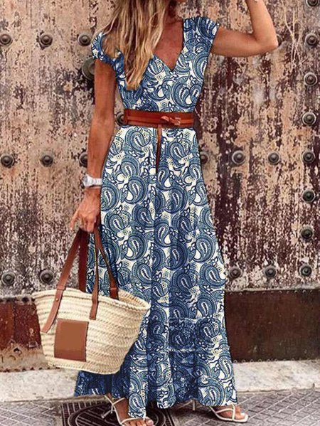 Casual Shift Short Sleeve Weaving Dress, Blue, Floral Dresses