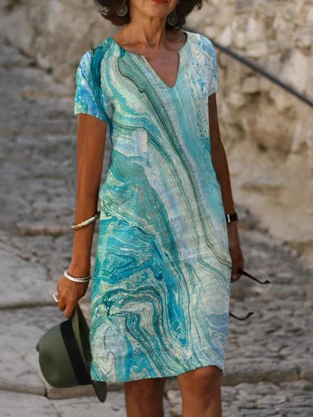 

Summer Leisure Abstract Ocean Wave Gradient Color Short Sleeve Ombre/tie-Dye Shift Weaving Dress, Green white, Tie dye dress