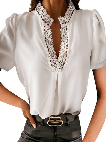 Plain Daily Short Sleeve V Neck Blouse, White, Blouses and Shirts