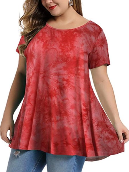 Ombre/tie-Dye Short Sleeve Casual Tops, Red, T-Shirts