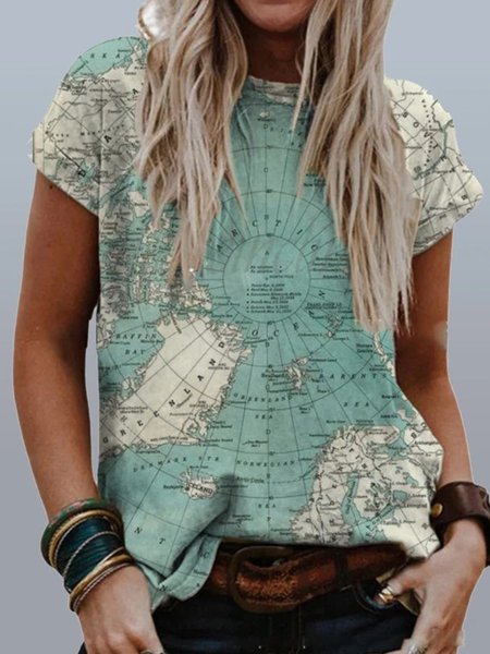 Map Printed Cotton-Blend Casual Crew Neck T-shirt, Blue, T-Shirts
