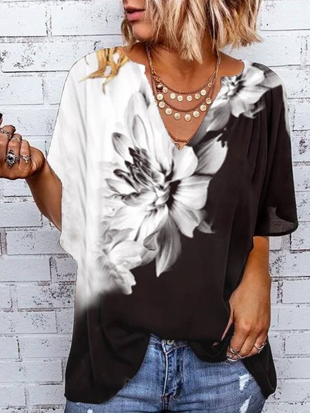 Casual V Neck Short Sleeve Shirts & Tops, Black white, Tops