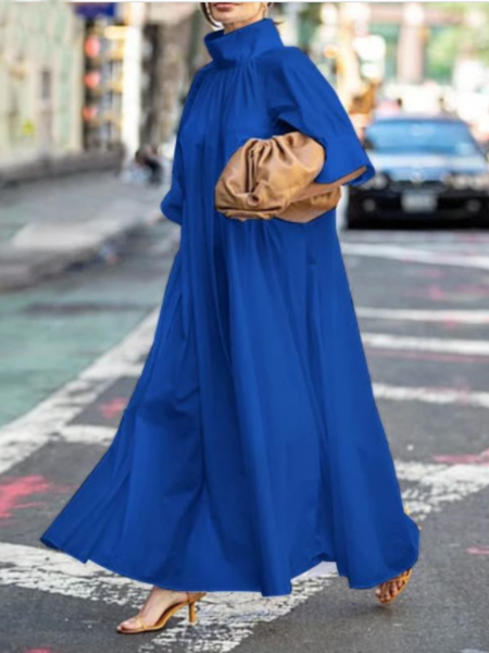 Evening Swing Stand Collar Turtle Neck Swing Daily Vintage Maxi Dress, Blue, Maxi Dresses