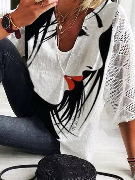 V Neck Half Sleeve Casual Blouse, White, Blouses & Shirts