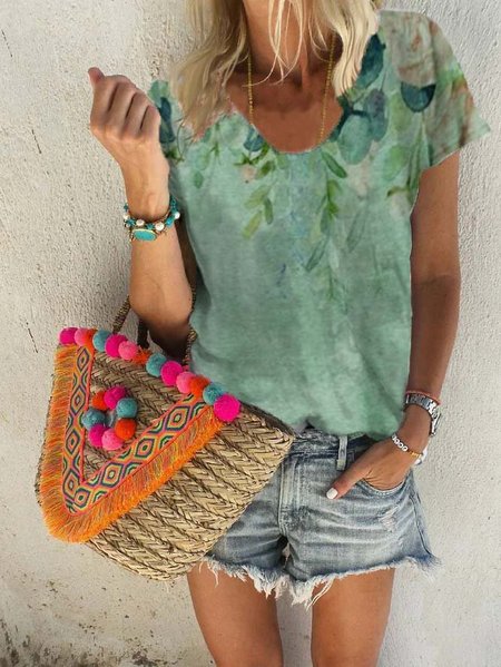 Short Sleeve Casual Crew Neck Tops, Green, T-Shirts