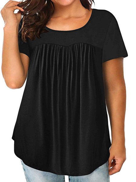 Plain A-Line Short Sleeve Cotton Tops, Black, T-Shirts