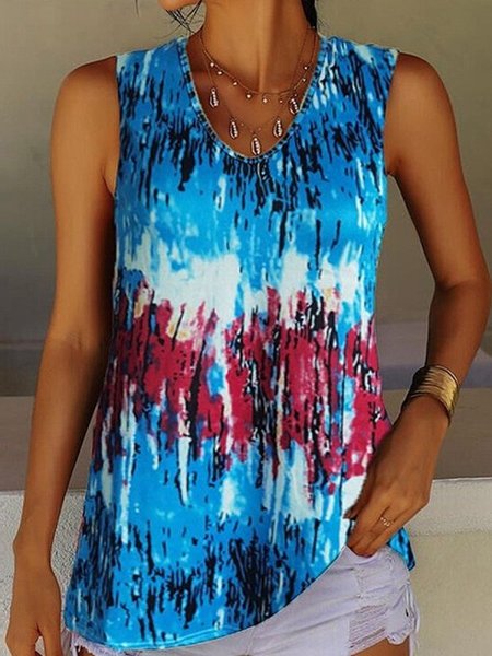 Tie-Dye Printed Crew Neck Sleeveless Tank Top, Blue, Tanks & Camis